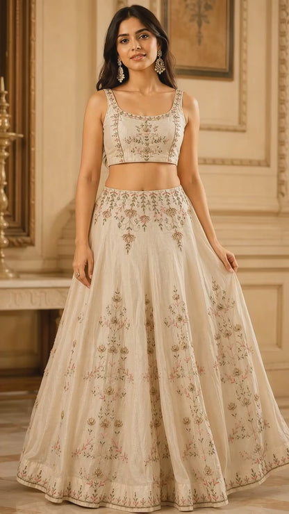 Elegant Beige Embroidered Lehenga Set